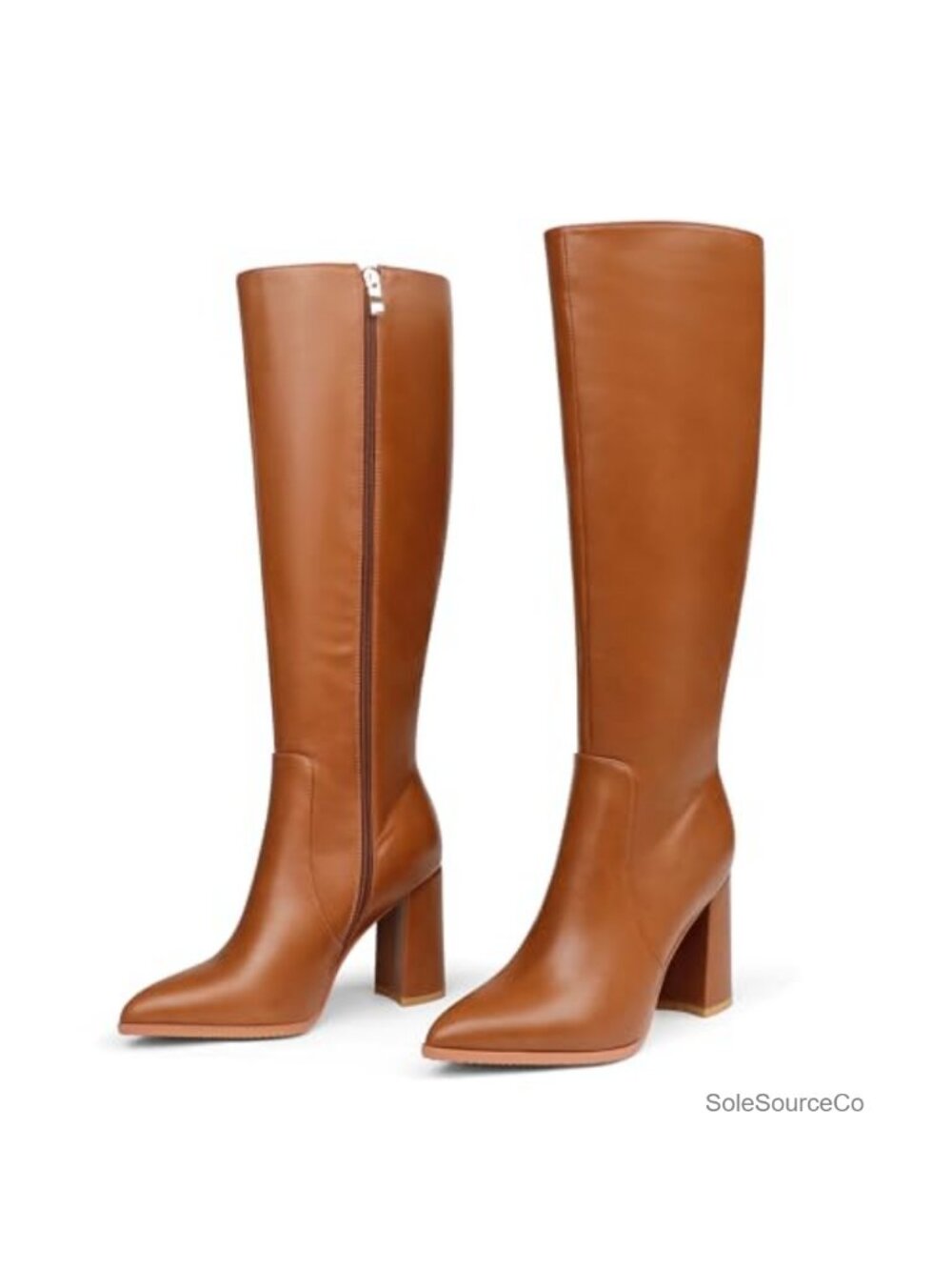 Pointed Toe Knee High Boots Chunky Block Heel Faux Leather